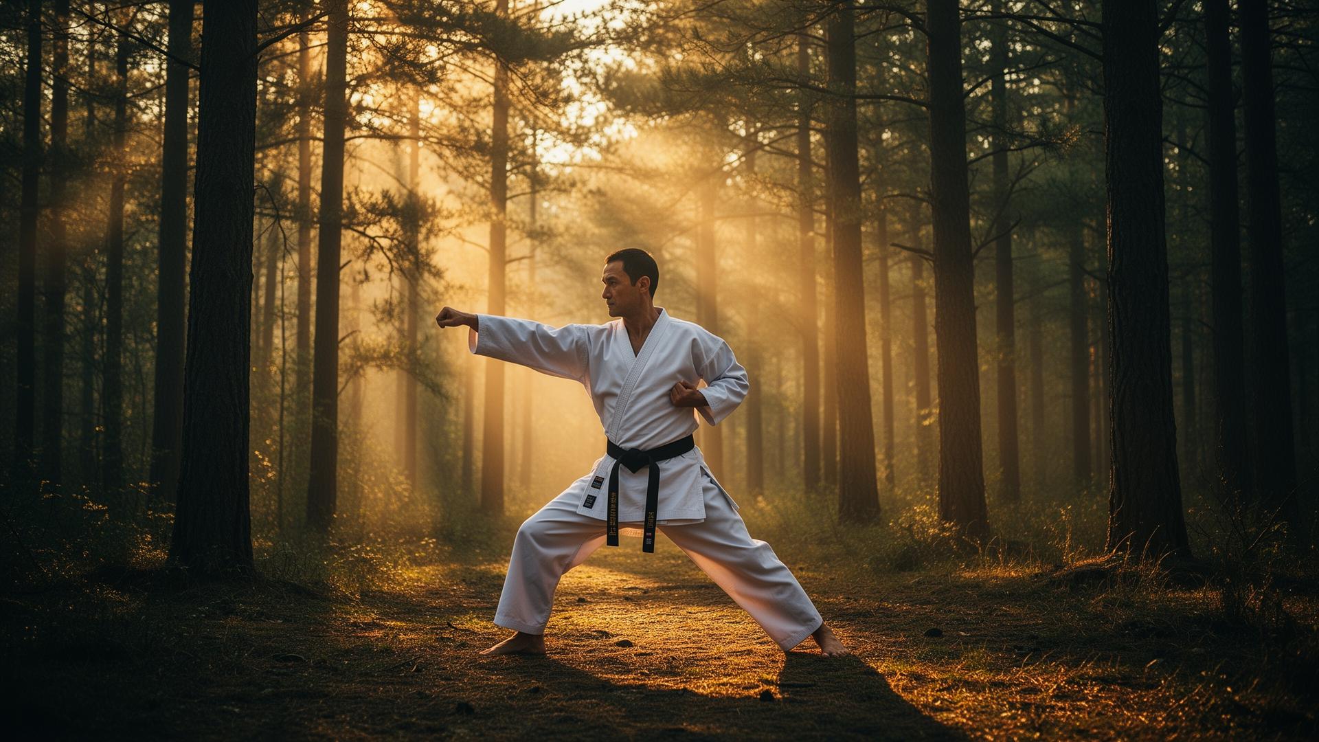 Karate master performing a kata at golden hour in a forest clearing